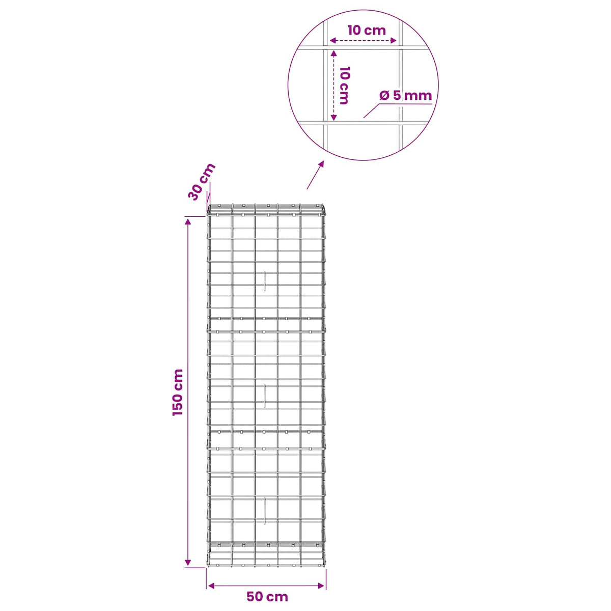 Γκαμπιόν με σύρμα 5 mm και πλέγμα 10x10 cm 50x30x150 εκ - Pakobazaar