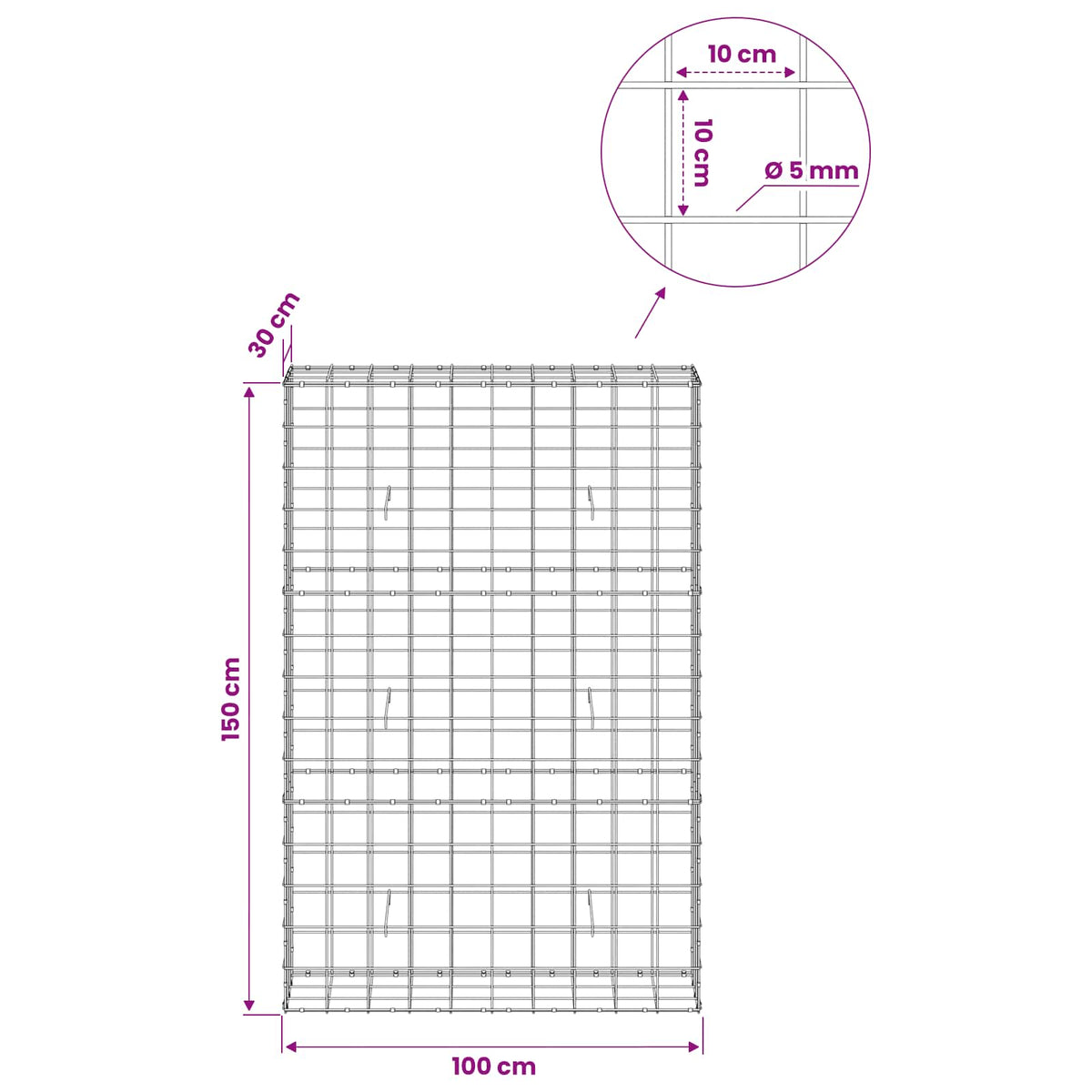 Γκαμπιόν με σύρμα 5 mm και πλέγμα 10x10 cm 100x30x150 εκ - Pakobazaar