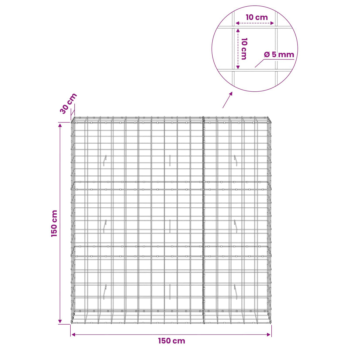 Γκαμπιόν με σύρμα 5 mm και πλέγμα 10x10 cm 150x30x150 εκ - Pakobazaar