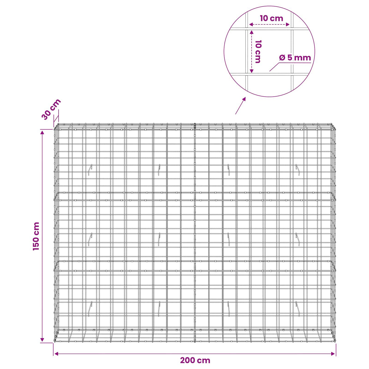 Γκαμπιόν με σύρμα 5 mm και πλέγμα 10x10 cm 200x30x150 εκ - Pakobazaar