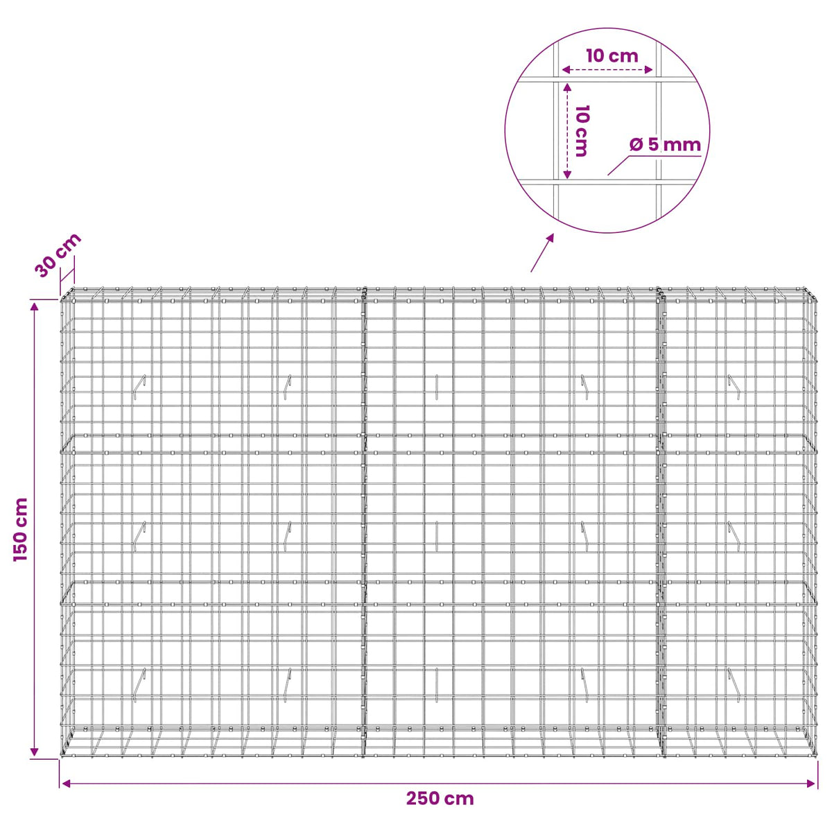 Γκαμπιόν με σύρμα 5 mm και πλέγμα 10x10 cm 250x30x150 εκ - Pakobazaar