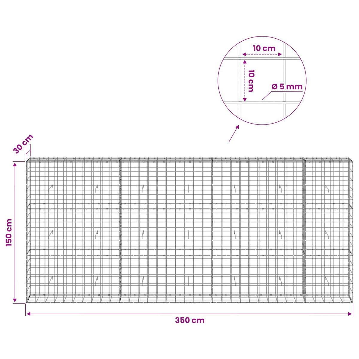 Γκαμπιόν με σύρμα 5 mm και πλέγμα 10x10 cm 350x30x150 εκ.
