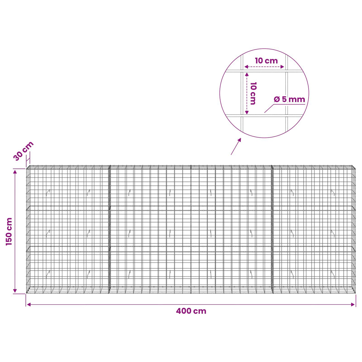 Γκαμπιόν με σύρμα 5 mm και πλέγμα 10x10 cm 400x30x150 εκ
