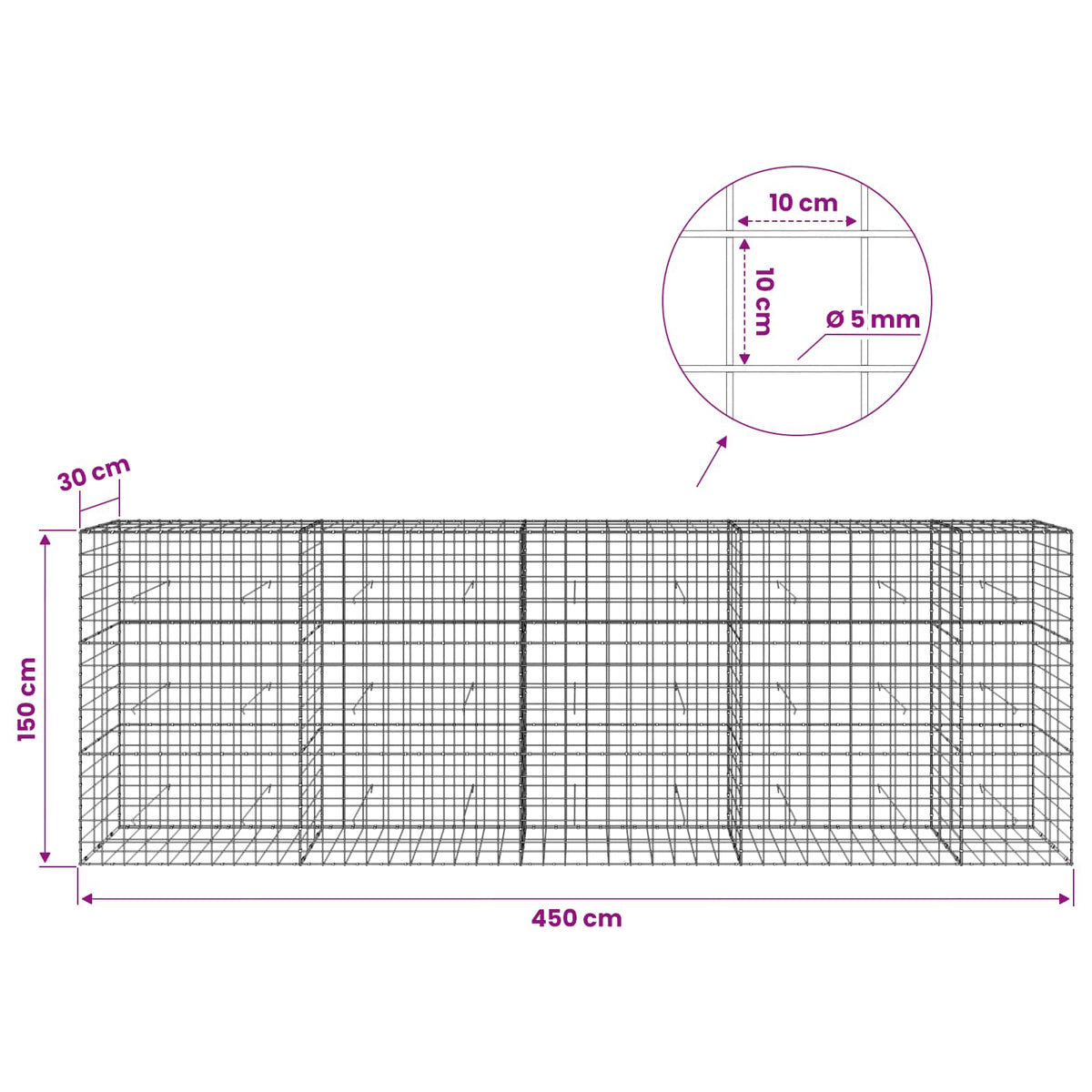 Γκαμπιόν με σύρμα 5 mm και πλέγμα 10x10 cm 450x30x150 εκ - Pakobazaar