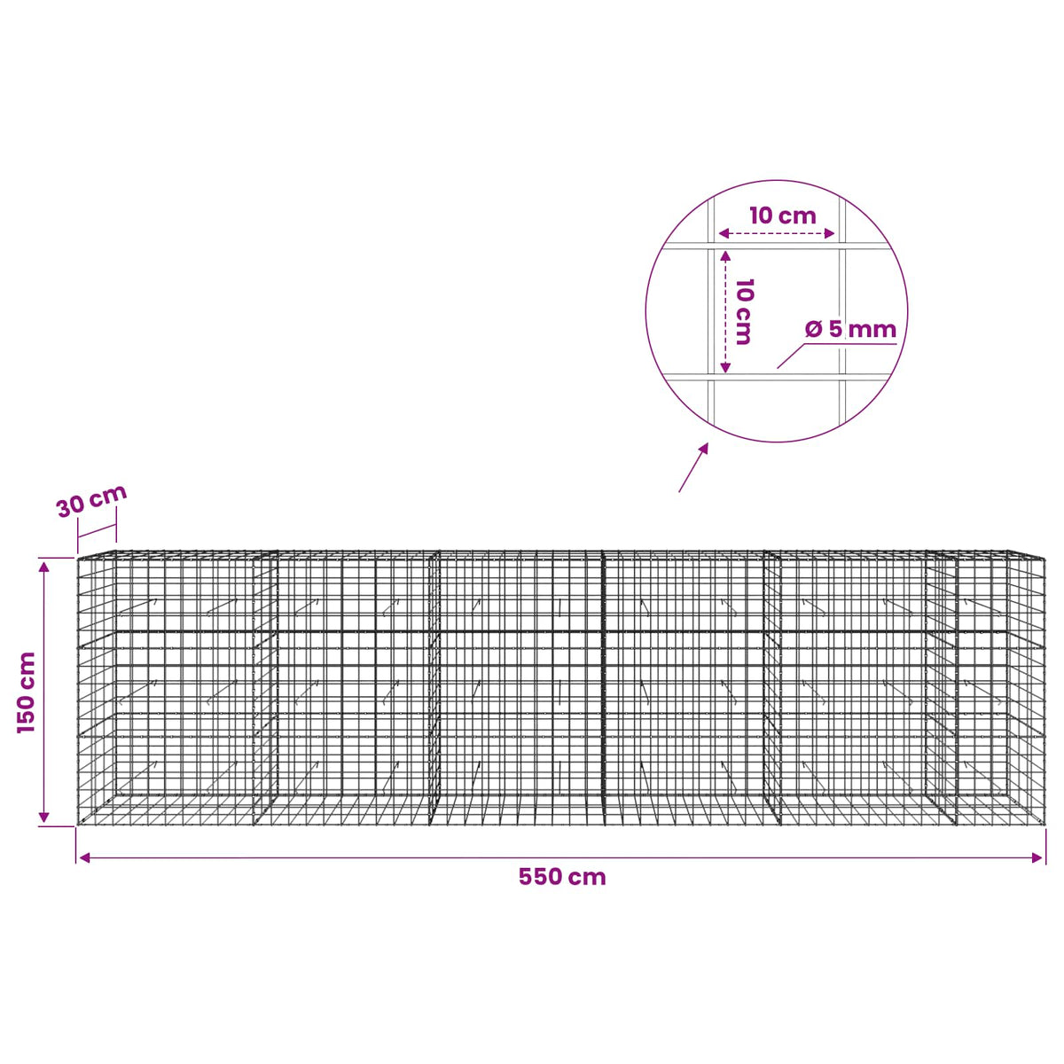 Γκαμπιόν με σύρμα 5 mm και πλέγμα 10x10 cm 550x30x150 εκ