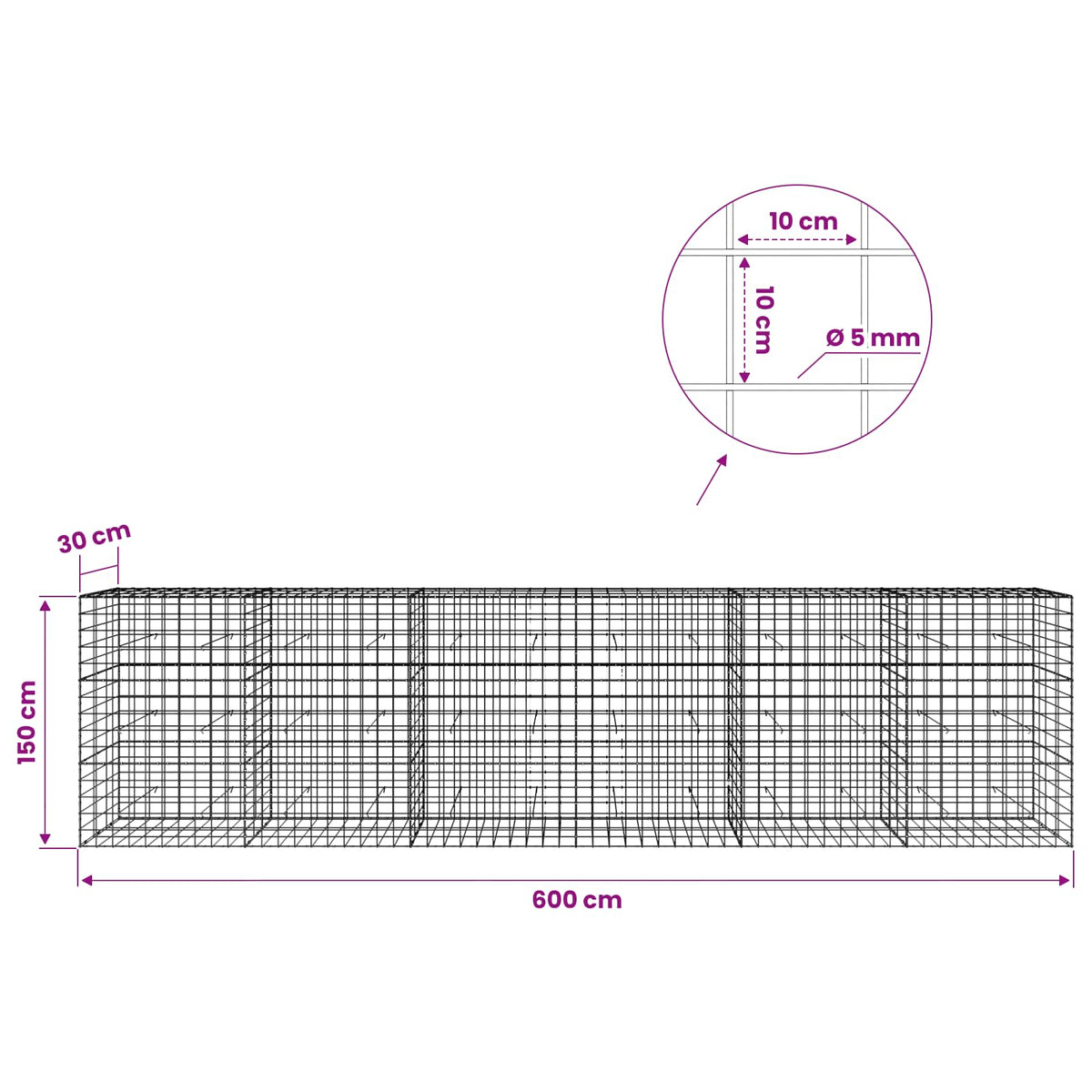 Γκαμπιόν με σύρμα 5 mm και πλέγμα 10x10 cm 600x30x150 εκ - Pakobazaar