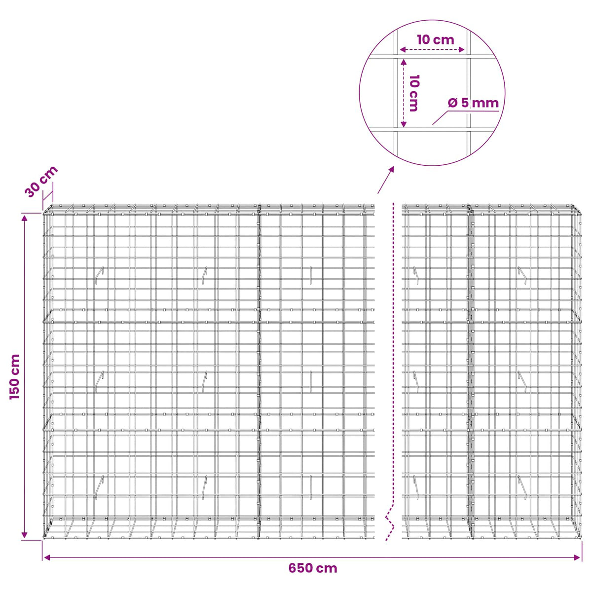 Γκαμπιόν με σύρμα 5 mm και πλέγμα 10x10 cm 650x30x150 εκ - Pakobazaar