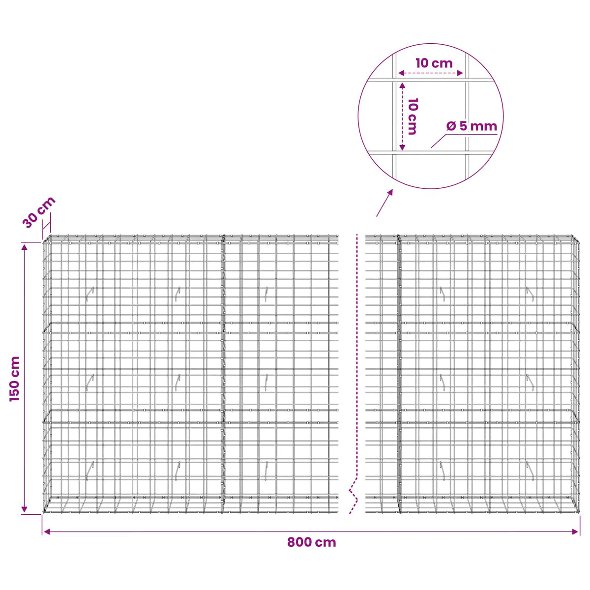 Γκαμπιόν με σύρμα 5 mm και πλέγμα 10x10 cm 800x30x150 εκ - Pakobazaar