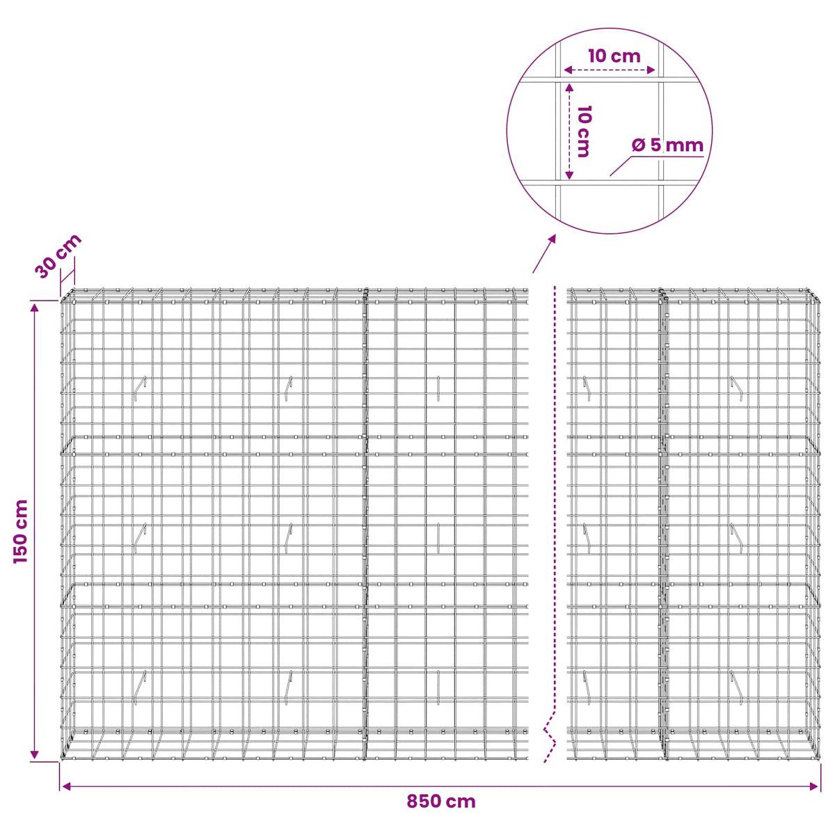 Γκαμπιόν με σύρμα 5 mm και πλέγμα 10x10 cm 850x30x150 εκ - Pakobazaar