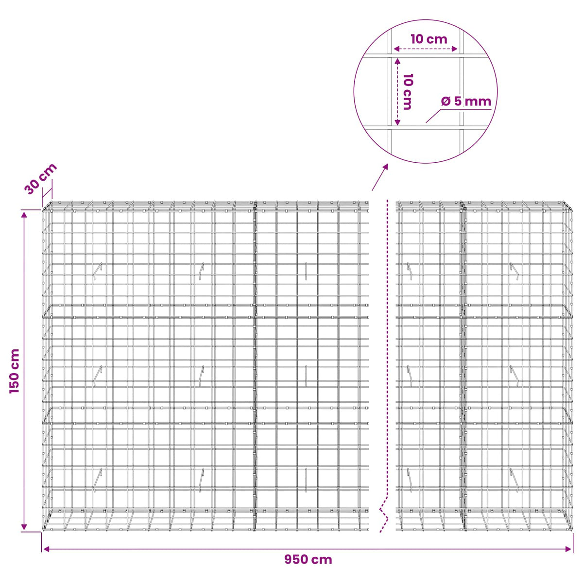 Γκαμπιόν με σύρμα 5 mm και πλέγμα 10x10 cm 950x30x150 εκ - Pakobazaar