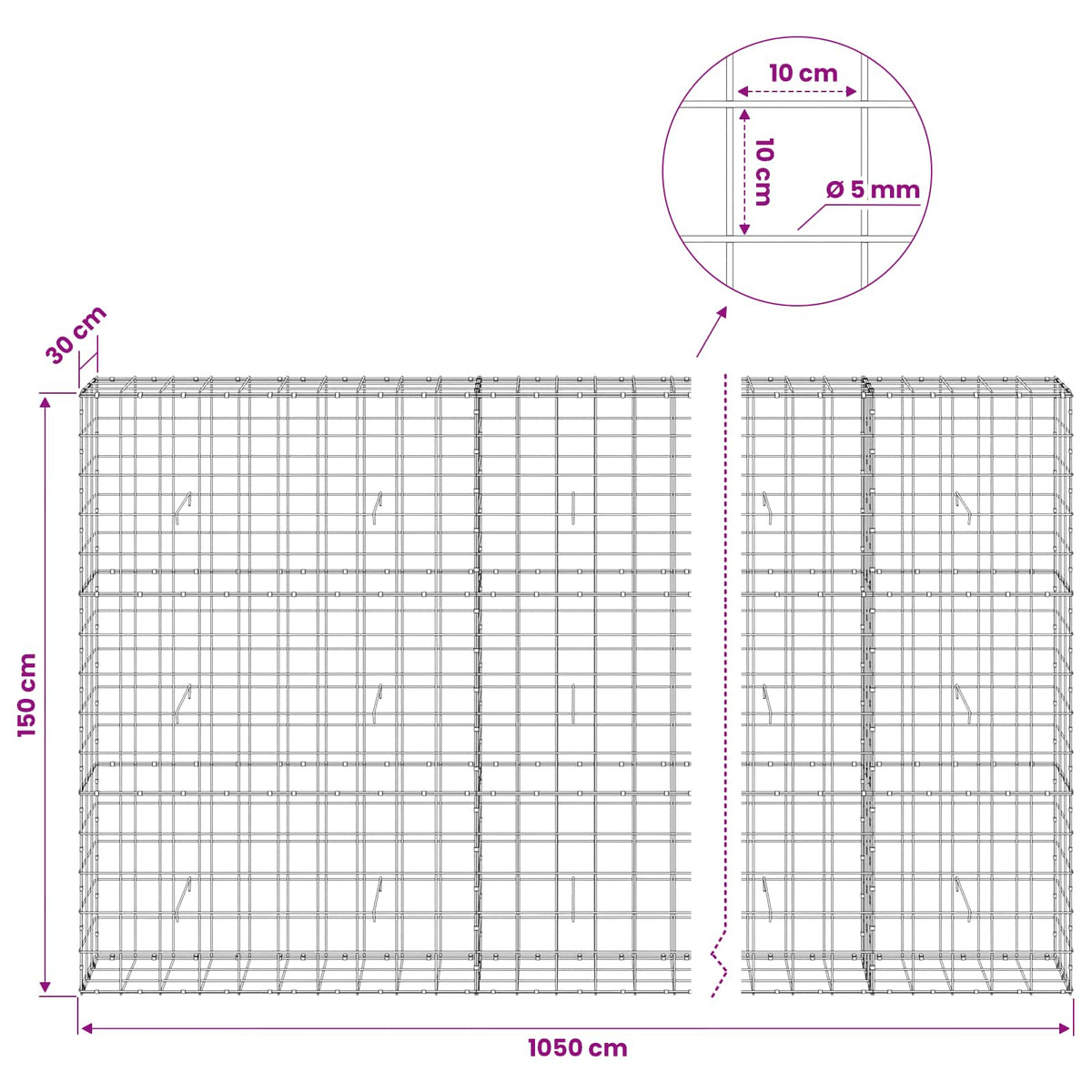 Γκαμπιόν με σύρμα 5 mm και πλέγμα 10x10 cm 1050x30x150 εκ. - Pakobazaar