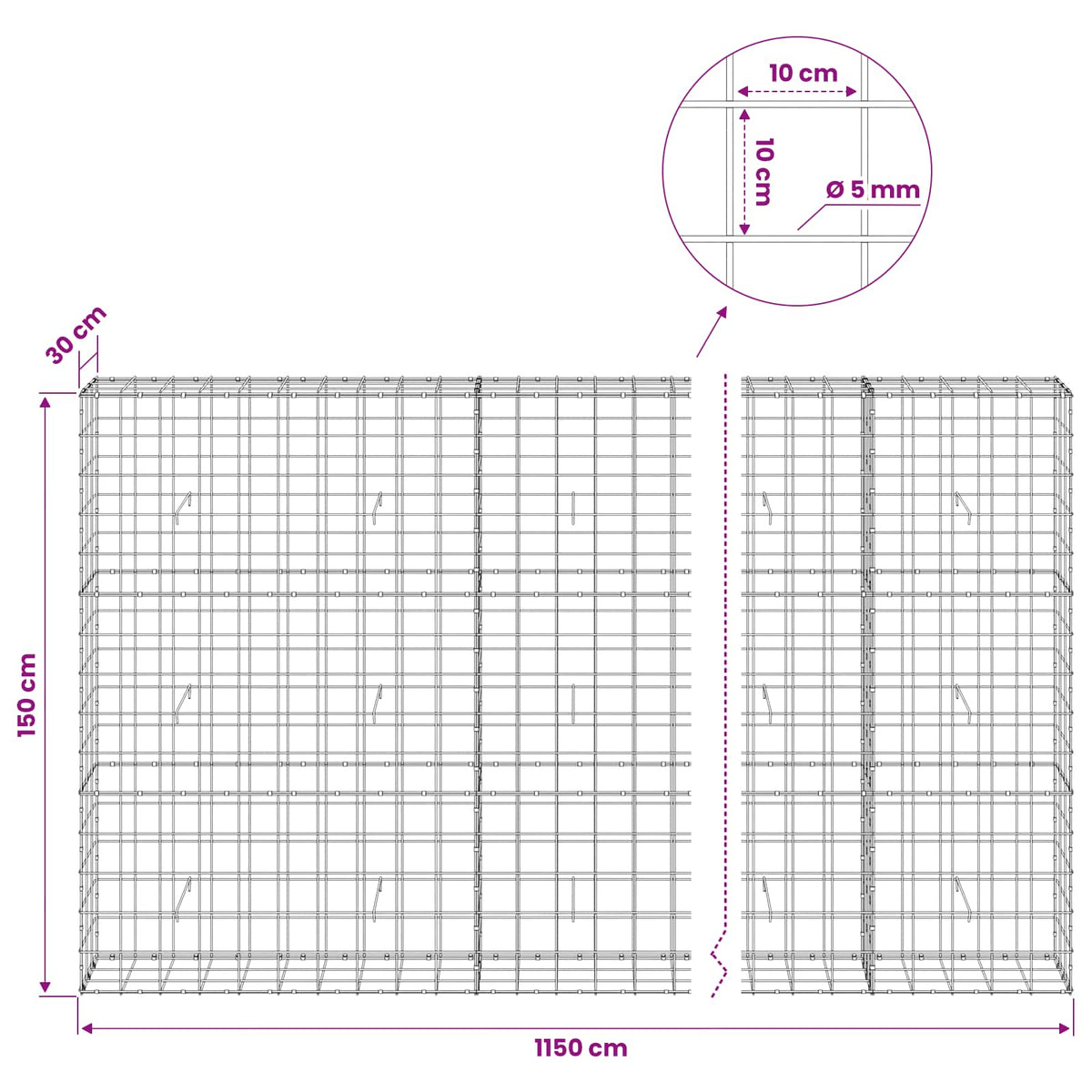 Γκαμπιόν με σύρμα 5 mm και πλέγμα 10x10 cm 1150x30x150 εκ