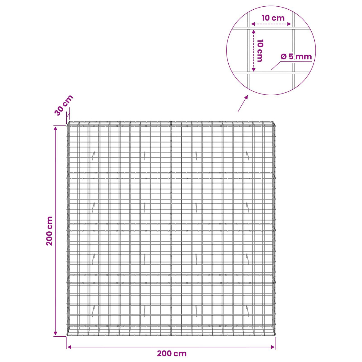 Γκαμπιόν με σύρμα 5 mm και πλέγμα 10x10 cm 200x30x200 εκ - Pakobazaar
