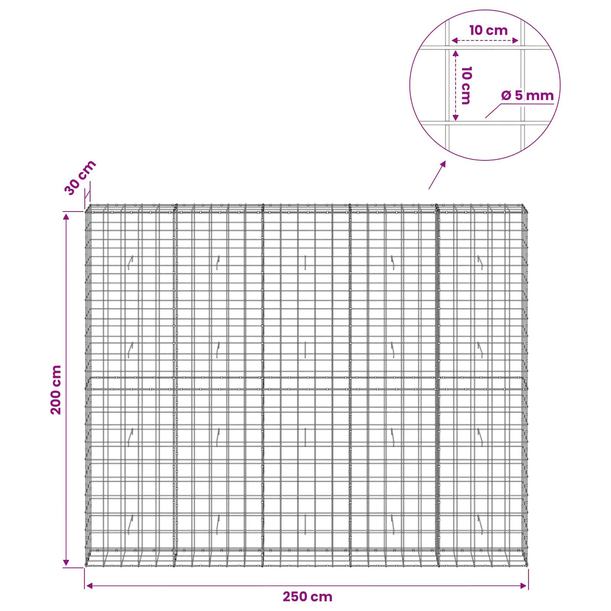Γκαμπιόν με σύρμα 5 mm και πλέγμα 10x10 cm 250x30x200 εκ. - Pakobazaar