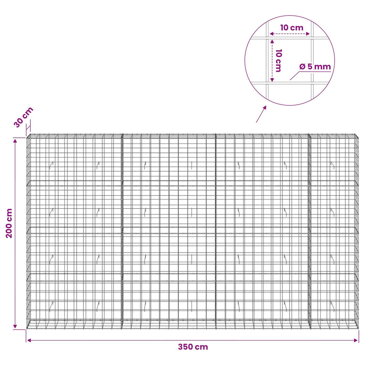 Γκαμπιόν με σύρμα 5 mm και πλέγμα 10x10 cm 350x30x200 εκ - Pakobazaar