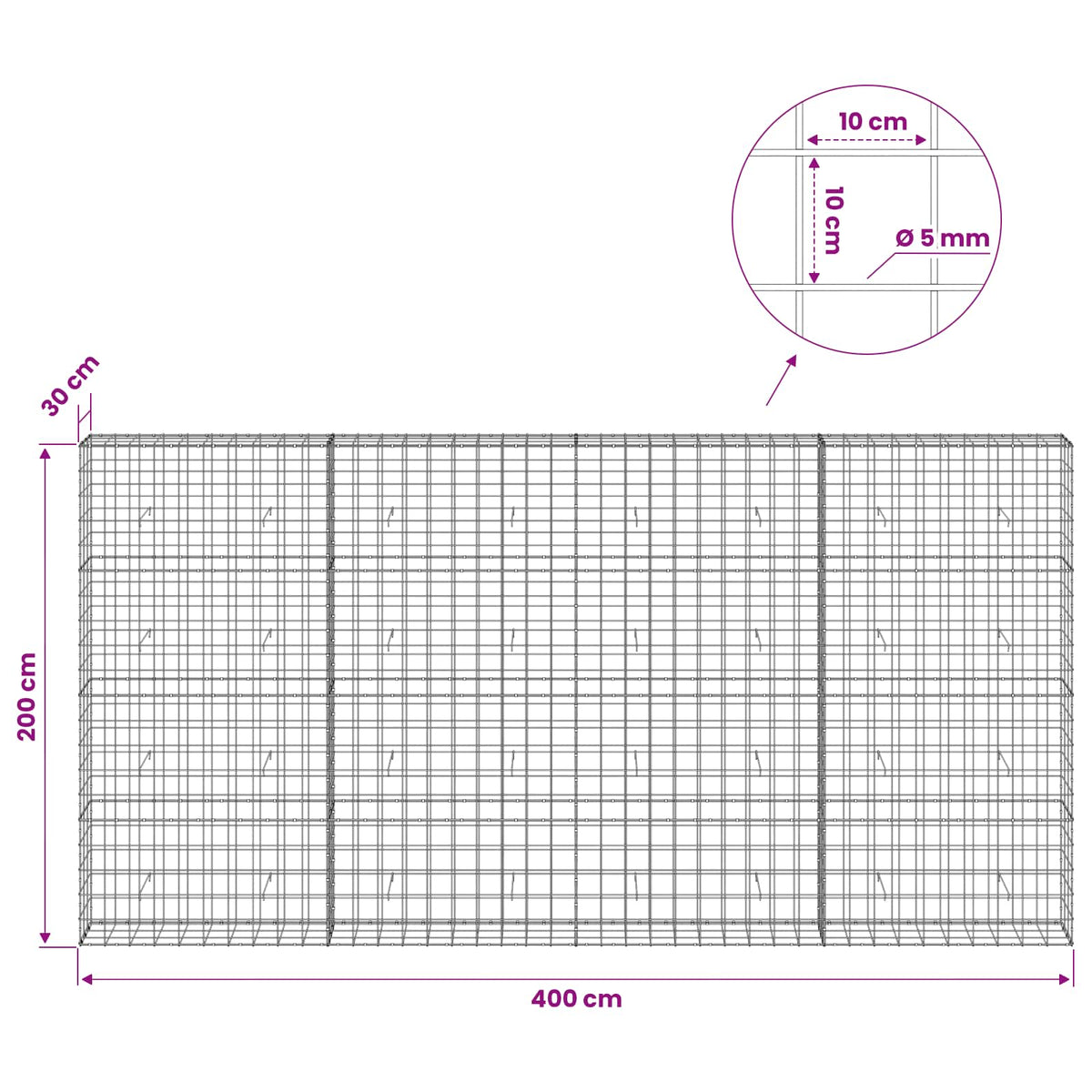 Γκαμπιόν με σύρμα 5 mm και πλέγμα 10x10 cm 400x30x200 εκ - Pakobazaar