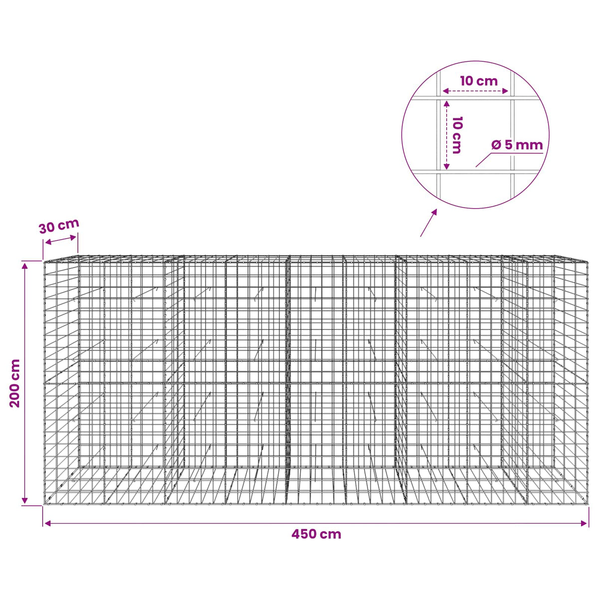 Γκαμπιόν με σύρμα 5 mm και πλέγμα 10x10 cm 450x30x200 εκ - Pakobazaar