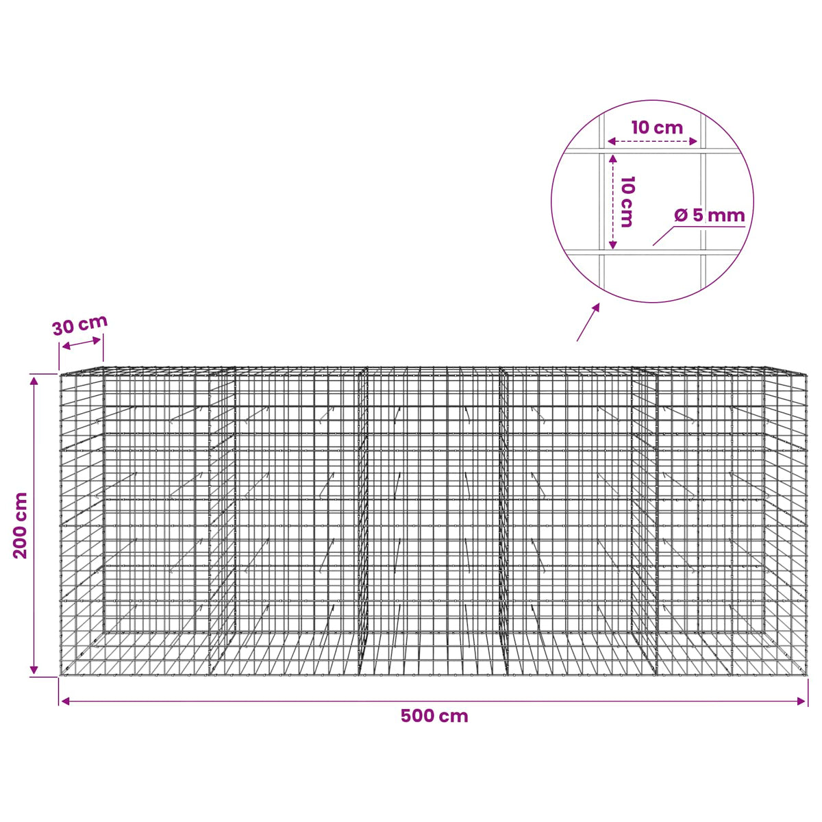 Γκαμπιόν με σύρμα 5 mm και πλέγμα 10x10 cm 500x30x200 εκ - Pakobazaar