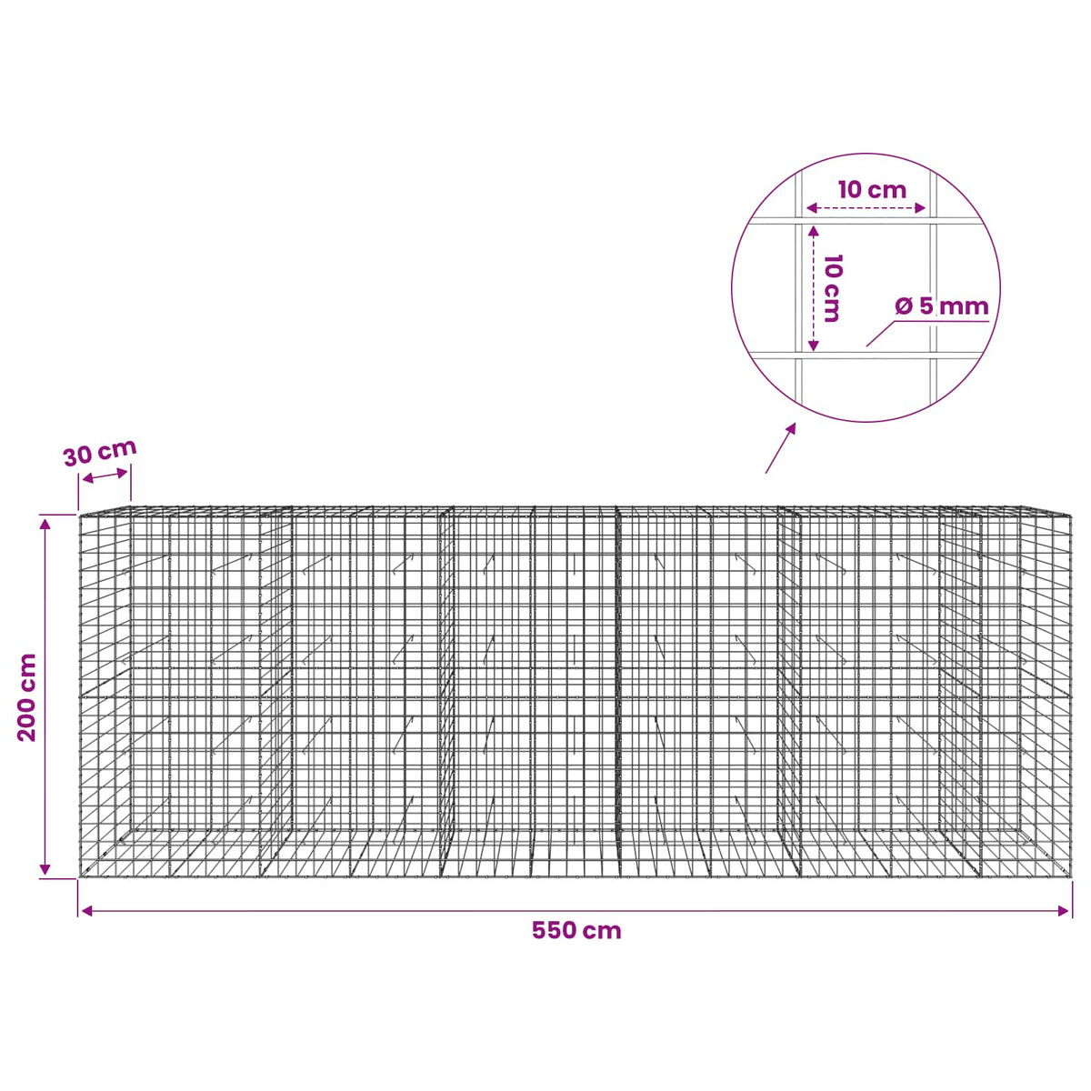 Γκαμπιόν με σύρμα 5 mm και πλέγμα 10x10 cm 550x30x200 εκ - Pakobazaar