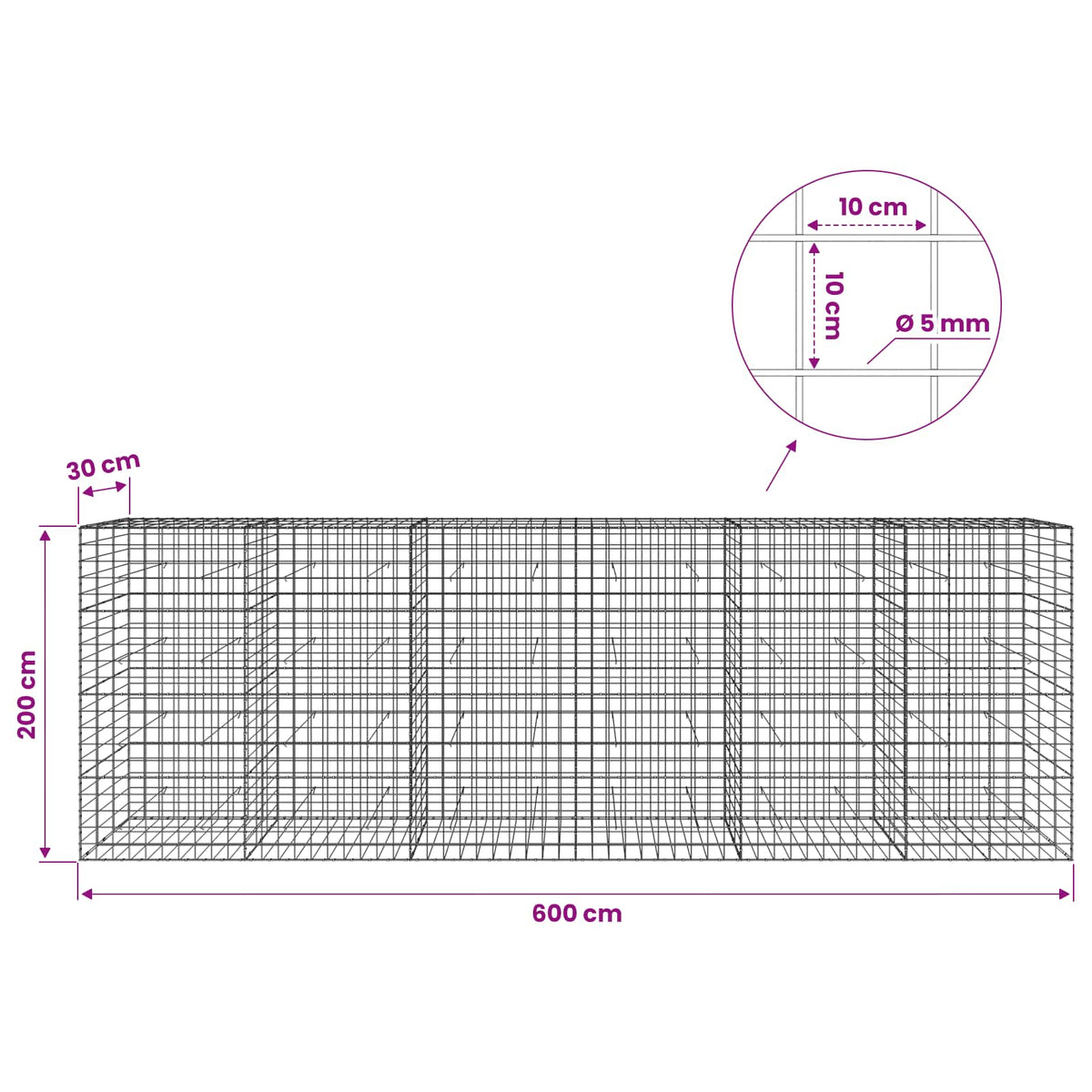 Γκαμπιόν με σύρμα 5 mm και πλέγμα 10x10 cm 600x30x200 εκ