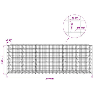 Γκαμπιόν με σύρμα 5 mm και πλέγμα 10x10 cm 600x30x200 εκ