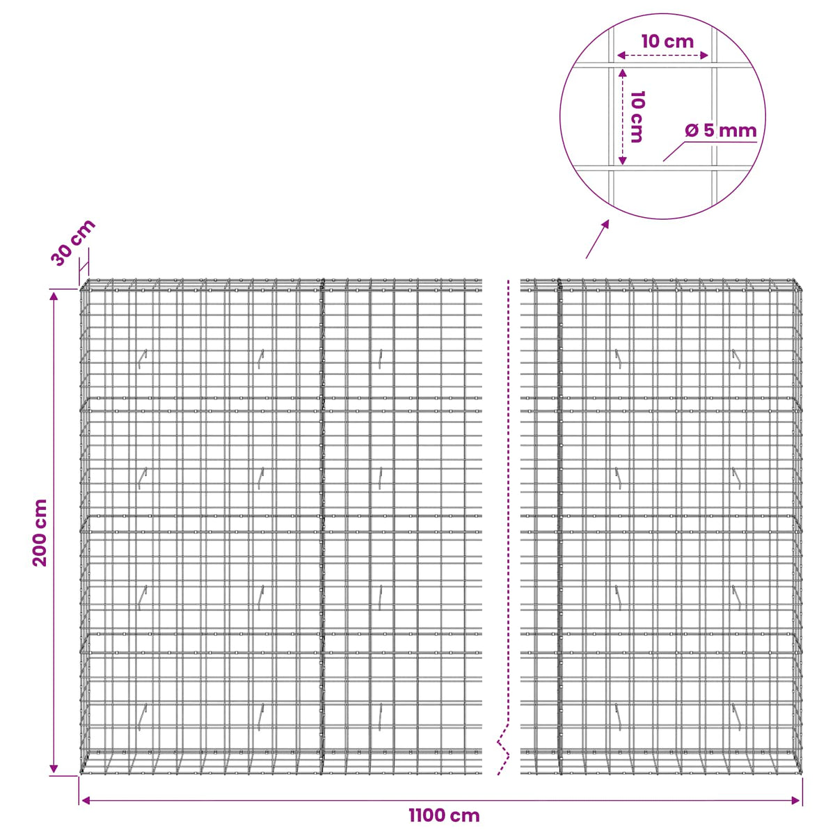 Γκαμπιόν με σύρμα 5 mm και πλέγμα 10x10 cm 1100x30x200 εκ