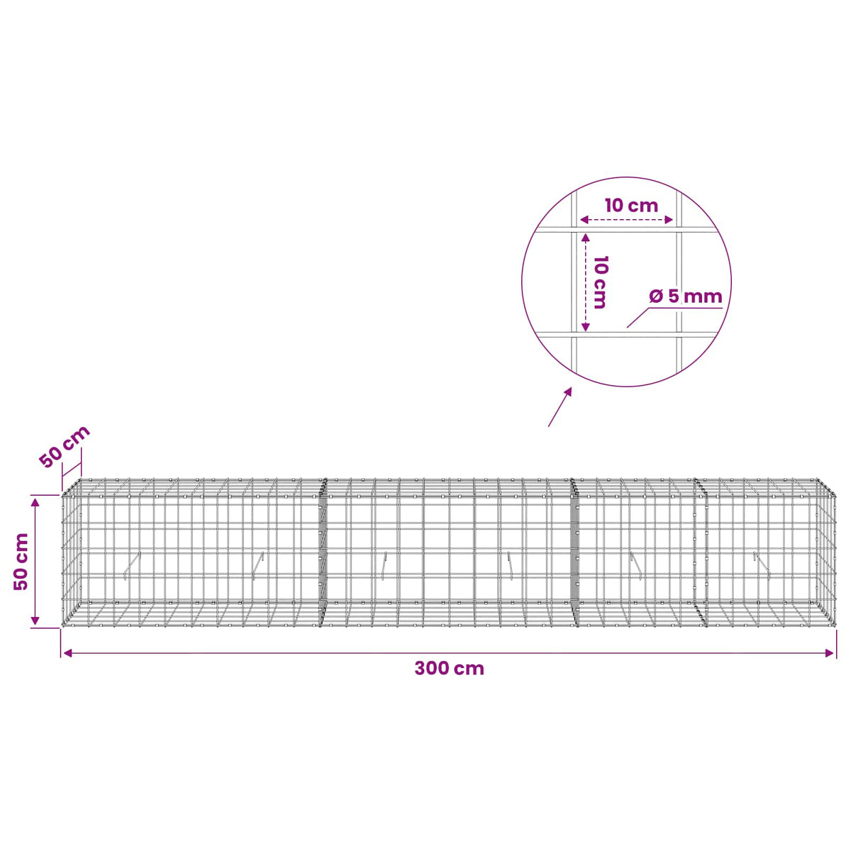 Γκαμπιόν με σύρμα 5 mm και πλέγμα 10x10 cm 300x50x50 εκ