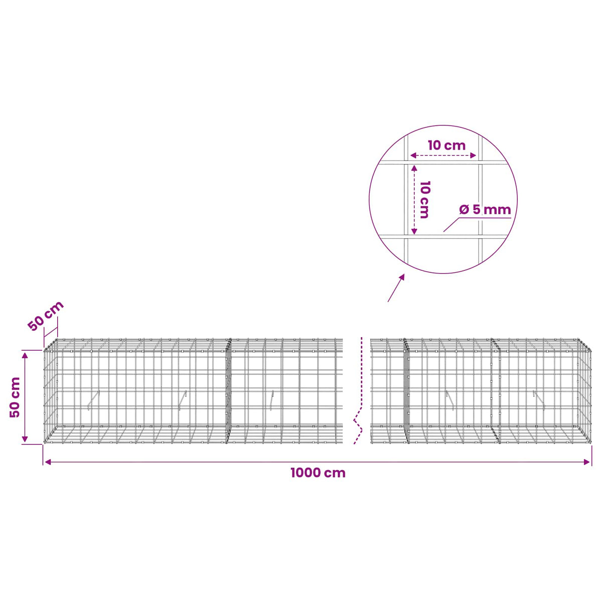 Γκαμπιόν με σύρμα 5 mm και πλέγμα 10x10 cm 1000x50x50 εκ.