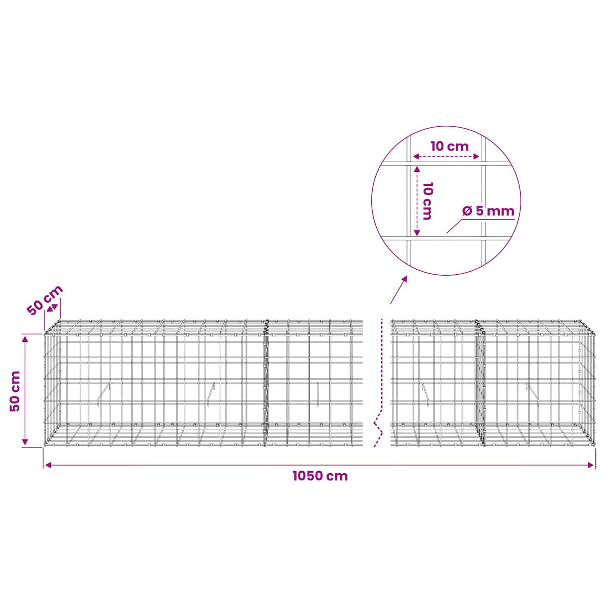 Γκαμπιόν με σύρμα 5 mm και πλέγμα 10x10 cm 1050x50x50 εκ - Pakobazaar