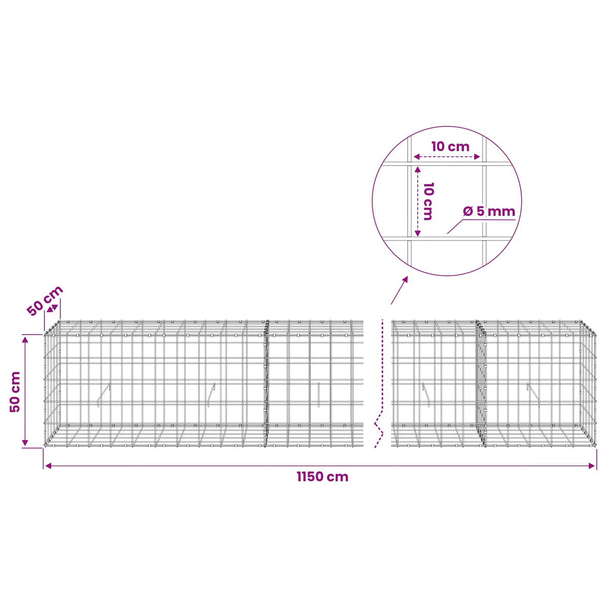 Γκαμπιόν με σύρμα 5 mm και πλέγμα 10x10 cm 1150x50x50 εκ - Pakobazaar