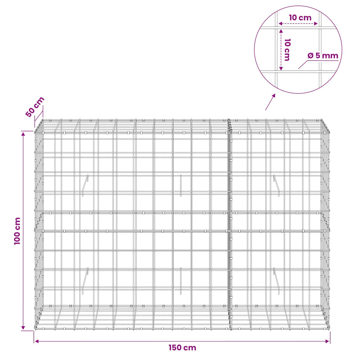 Γκαμπιόν με σύρμα 5 mm και πλέγμα 10x10 cm 150x50x100 εκ.