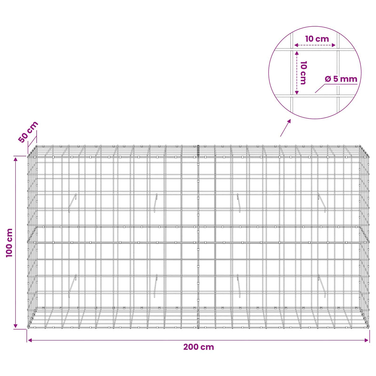 Γκαμπιόν με σύρμα 5 mm και πλέγμα 10x10 cm 200x50x100 εκ - Pakobazaar