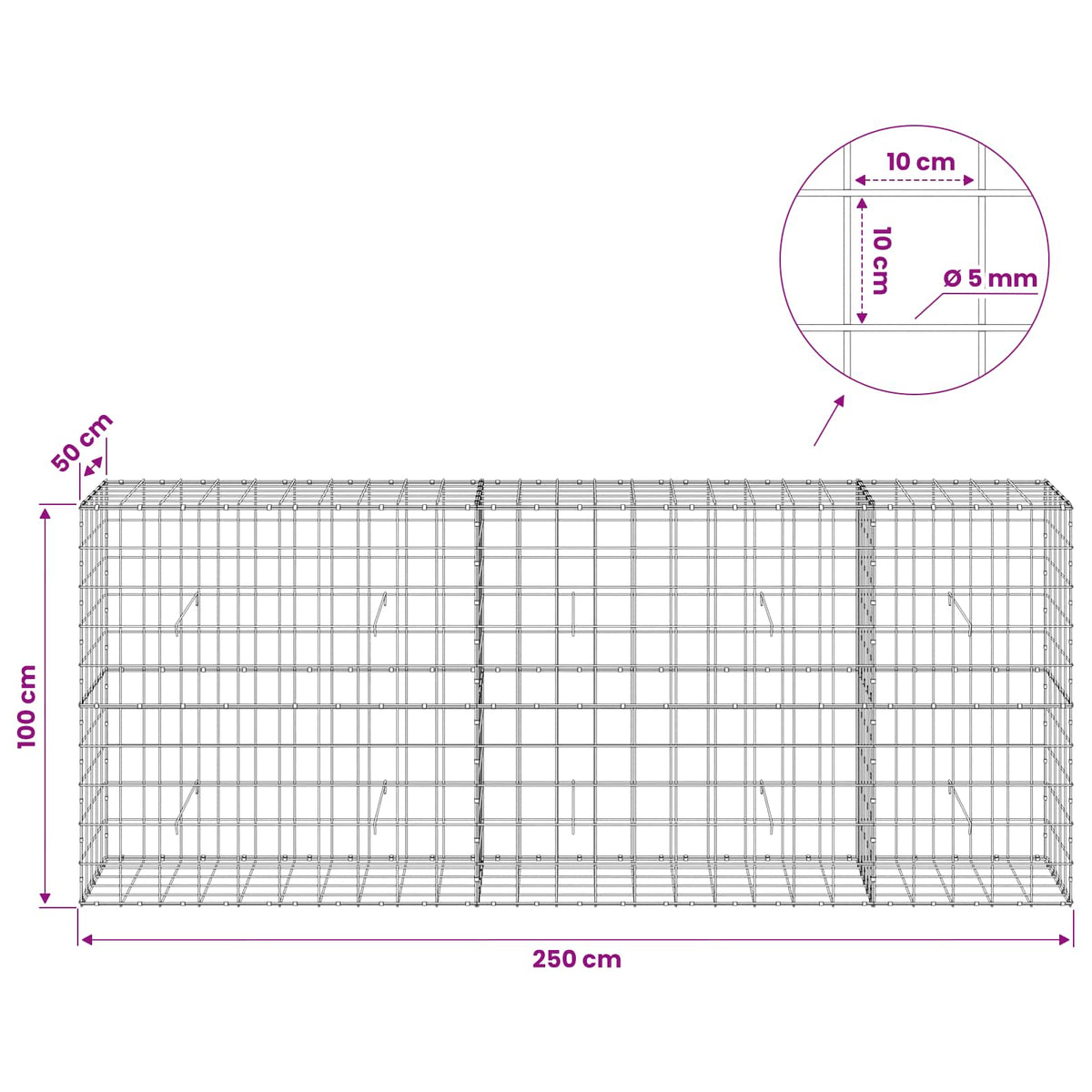 Γκαμπιόν με σύρμα 5 mm και πλέγμα 10x10 cm 250x50x100 εκ - Pakobazaar