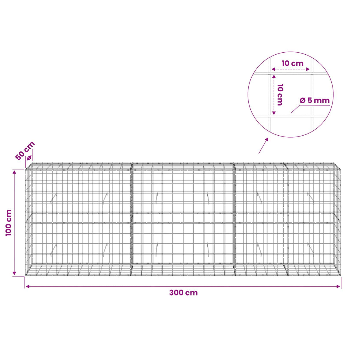 Γκαμπιόν με σύρμα 5 mm και πλέγμα 10x10 cm 300x50x100 εκ