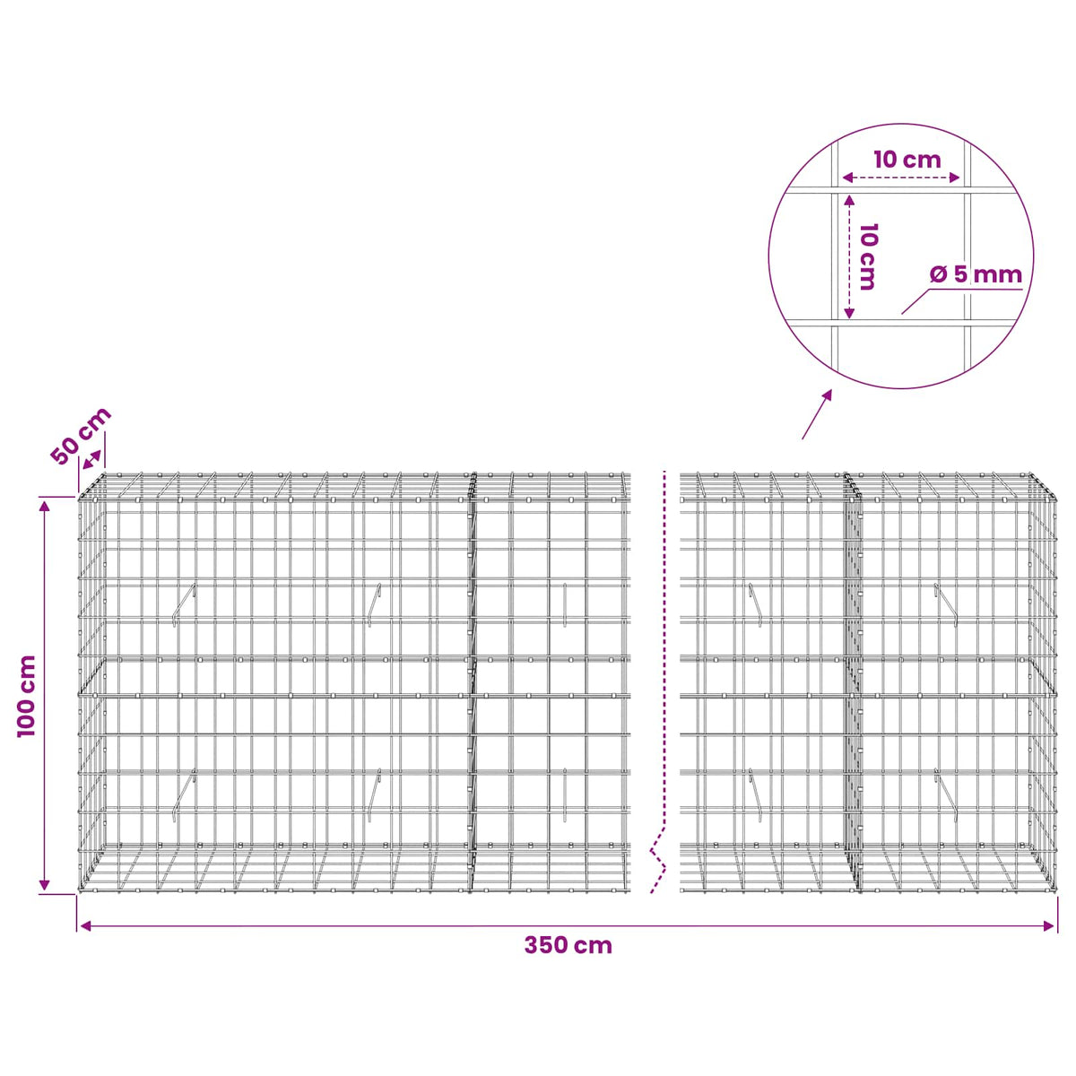 Γκαμπιόν με σύρμα 5 mm και πλέγμα 10x10 cm 350x50x100 εκ. - Pakobazaar