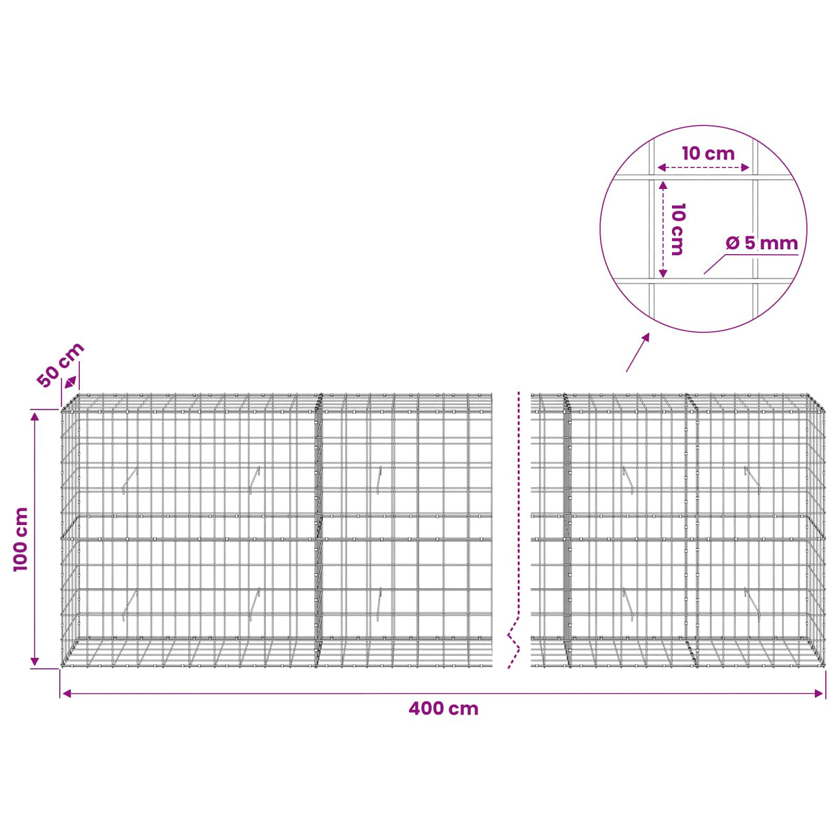 Γκαμπιόν με σύρμα 5 mm και πλέγμα 10x10 cm 400x50x100 εκ - Pakobazaar