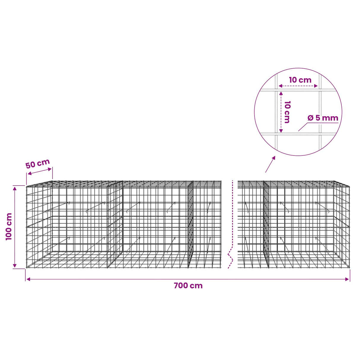 Γκαμπιόν με σύρμα 5 mm και πλέγμα 10x10 cm 700x50x100 εκ - Pakobazaar