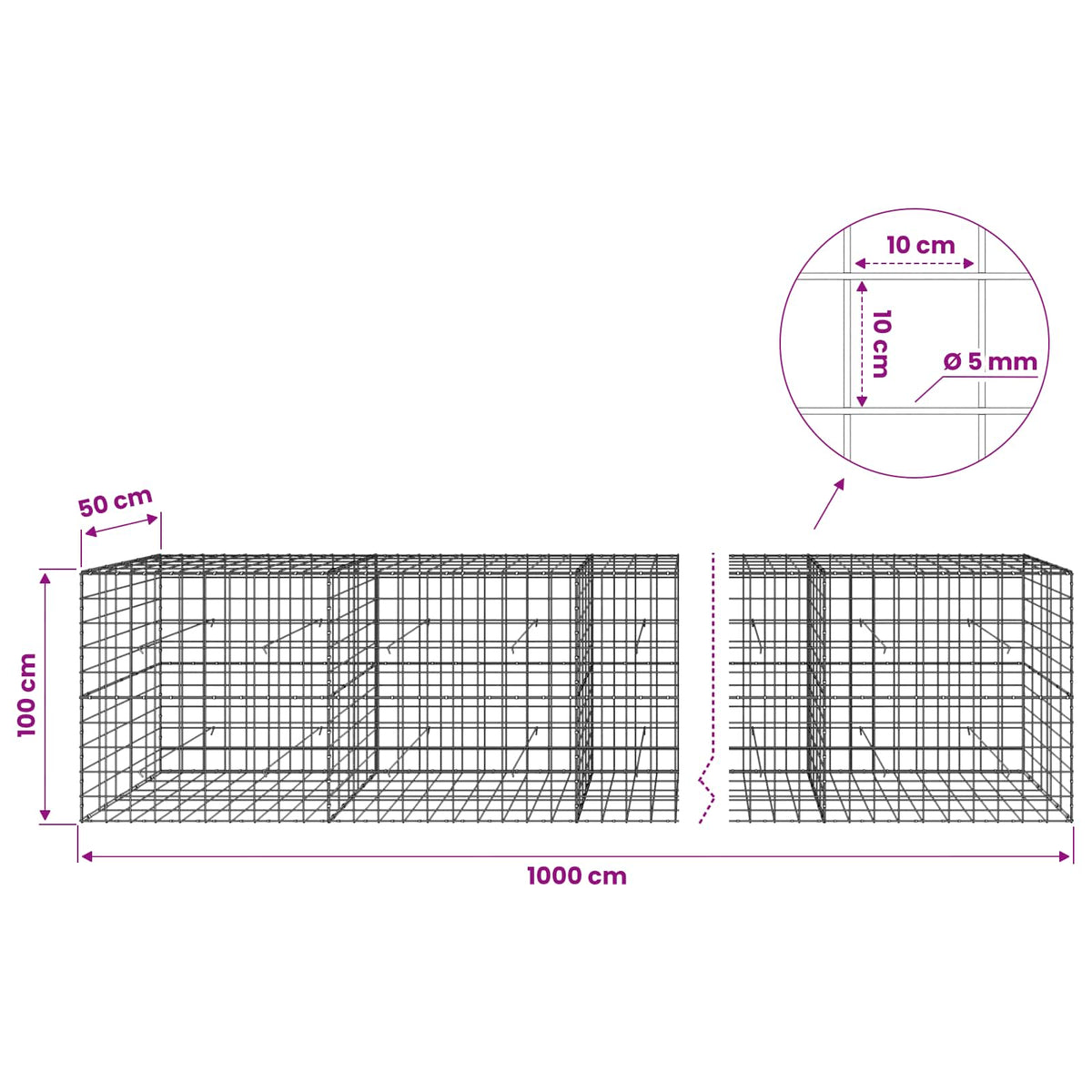 Γκαμπιόν με σύρμα 5 mm και πλέγμα 10x10 cm 1000x50x100 εκ. - Pakobazaar