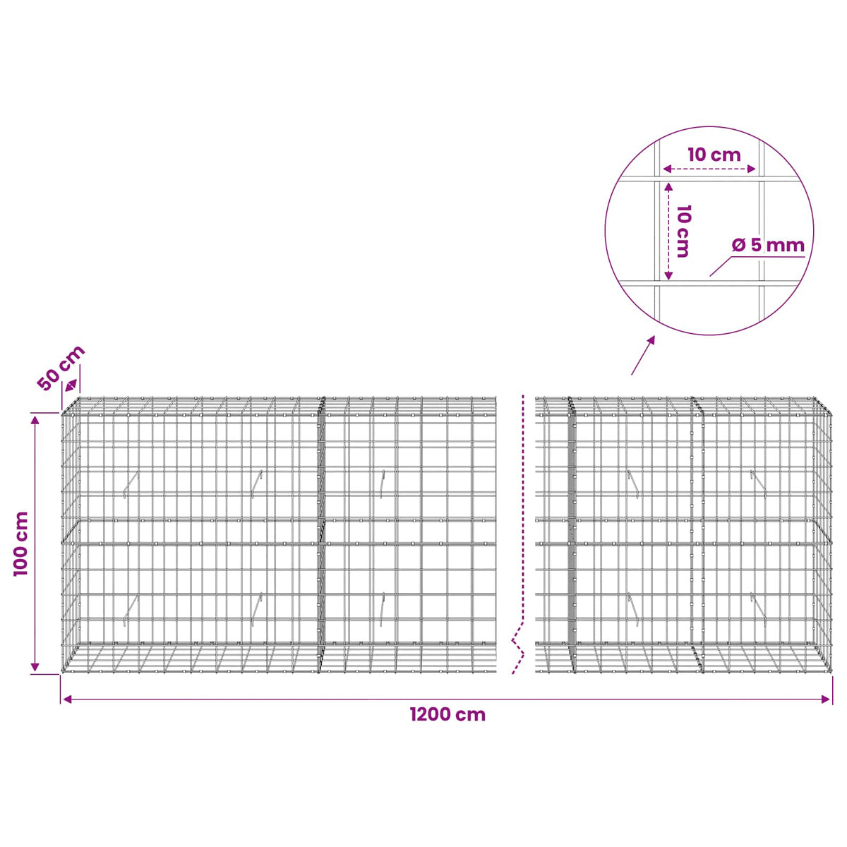 Γκαμπιόν με σύρμα 5 mm και πλέγμα 10x10 cm 1200x50x100 εκ - Pakobazaar