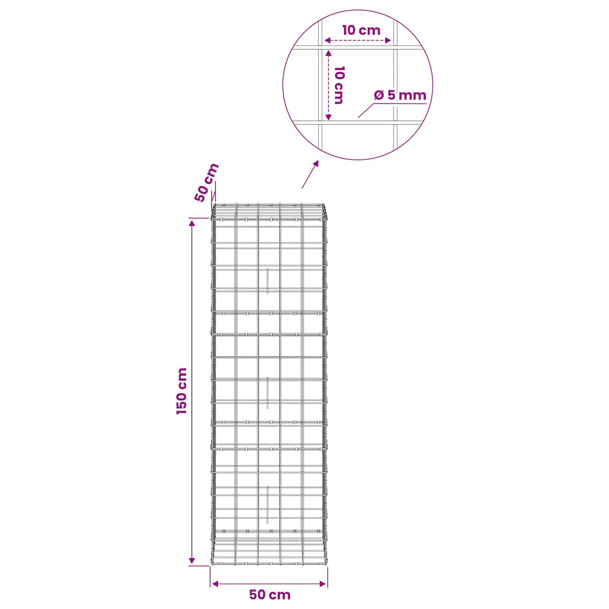 Γκαμπιόν με σύρμα 5 mm και πλέγμα 10x10 cm 50x50x150 εκ - Pakobazaar
