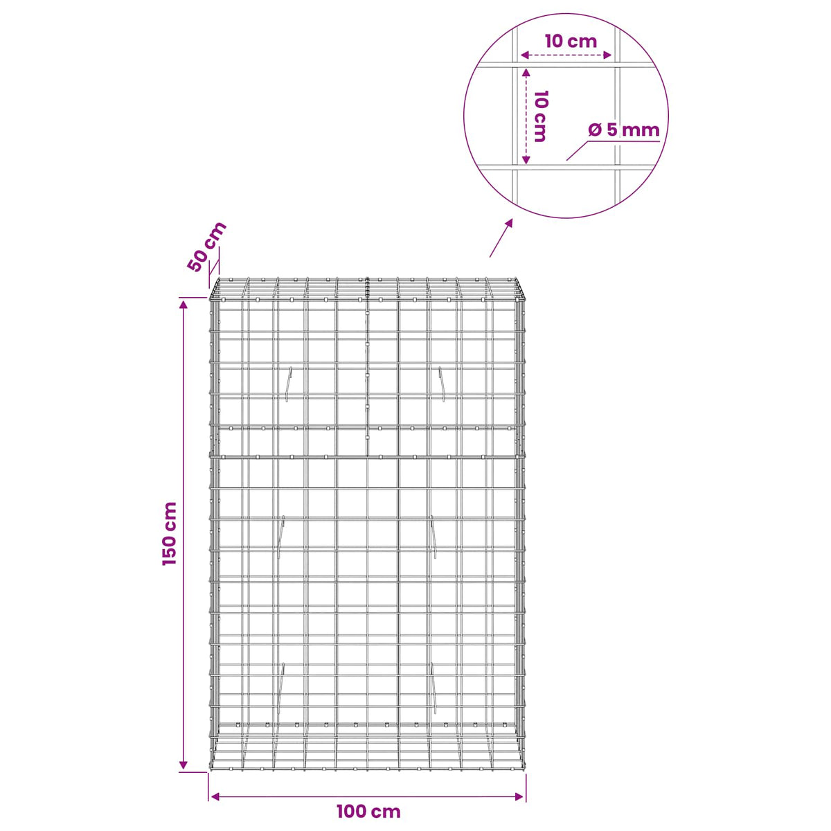 Γκαμπιόν με σύρμα 5 mm και πλέγμα 10x10 cm 100x50x150 εκ - Pakobazaar