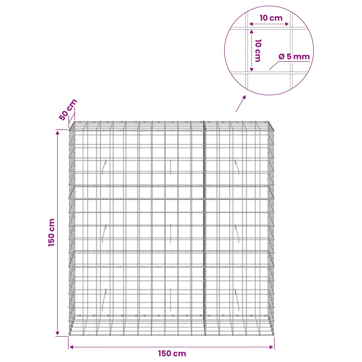 Γκαμπιόν με σύρμα 5 mm και πλέγμα 10x10 cm 150x50x150 εκ