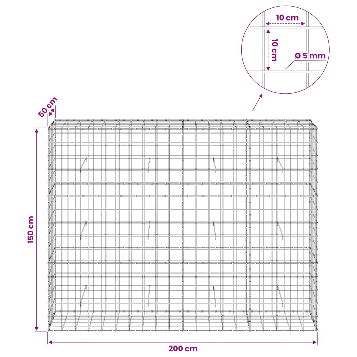 Γκαμπιόν με σύρμα 5 mm και πλέγμα 10x10 cm 200x50x150 εκ