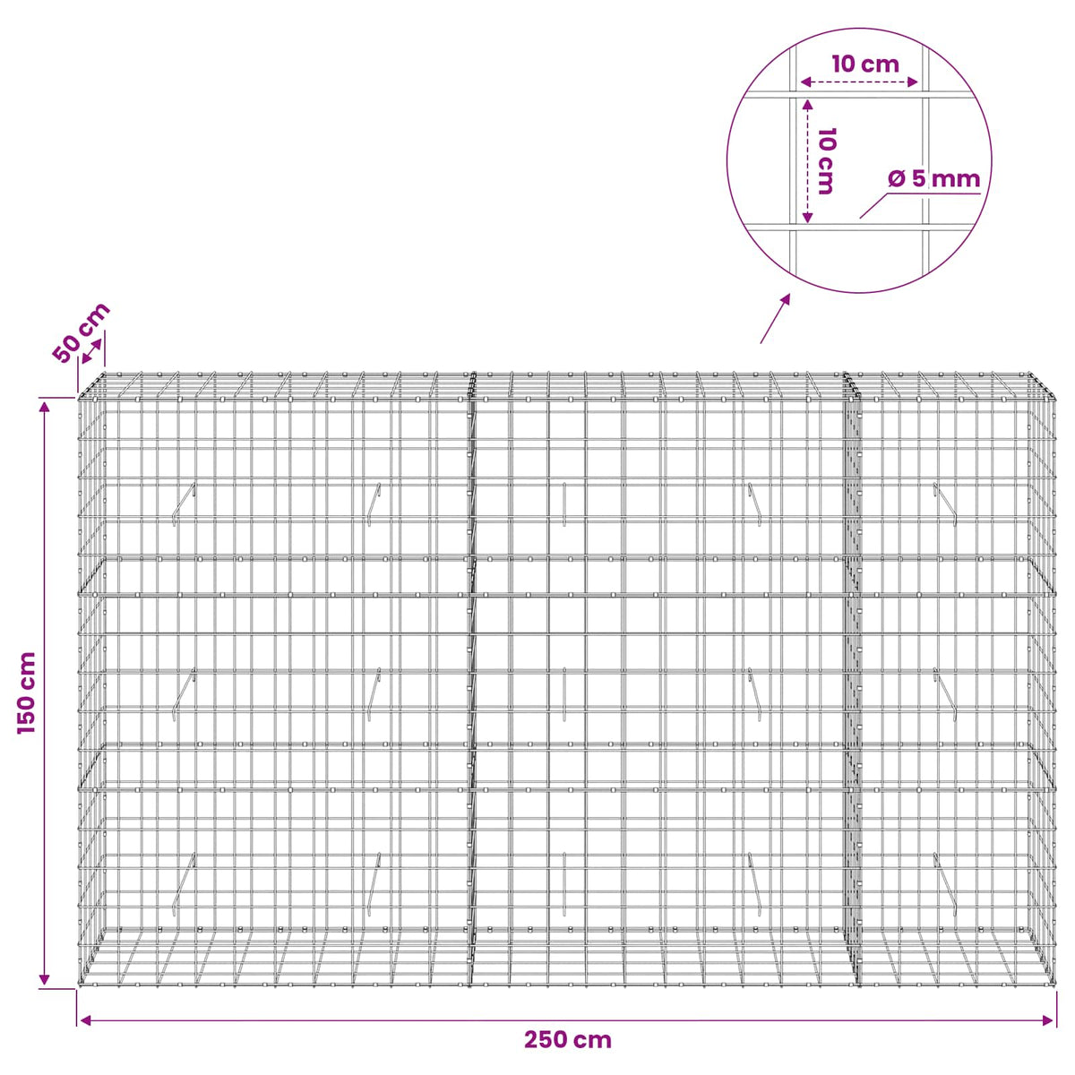 Γκαμπιόν με σύρμα 5 mm και πλέγμα 10x10 cm 250x50x150 εκ - Pakobazaar