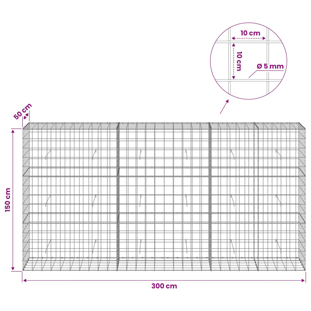 Γκαμπιόν με σύρμα 5 mm και πλέγμα 10x10 cm 300x50x150 εκ. - Pakobazaar