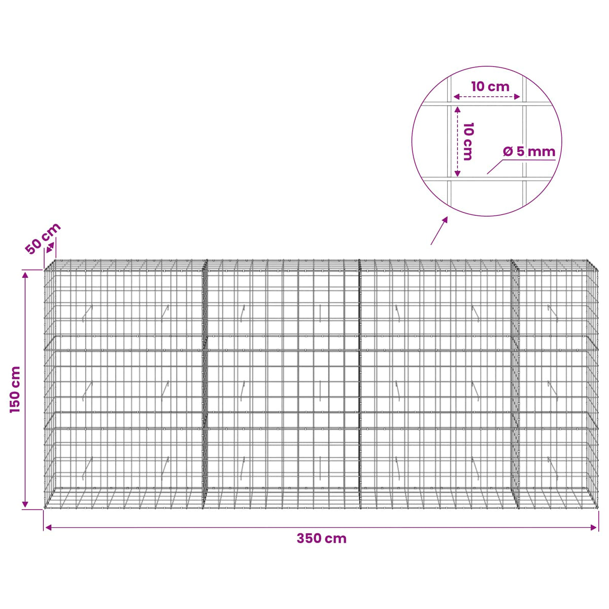 Γκαμπιόν με σύρμα 5 mm και πλέγμα 10x10 cm 350x50x150 εκ - Pakobazaar