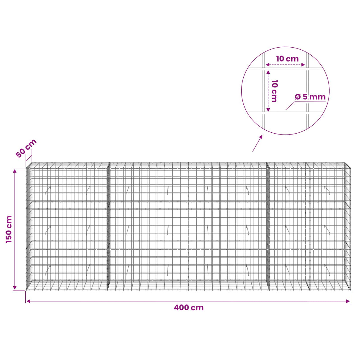Γκαμπιόν με σύρμα 5 mm και πλέγμα 10x10 cm 400x50x150 εκ