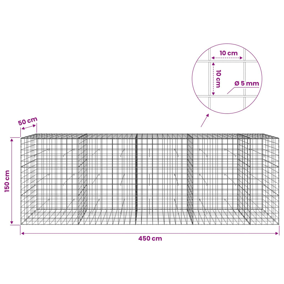 Γκαμπιόν με σύρμα 5 mm και πλέγμα 10x10 cm 450x50x150 εκ - Pakobazaar