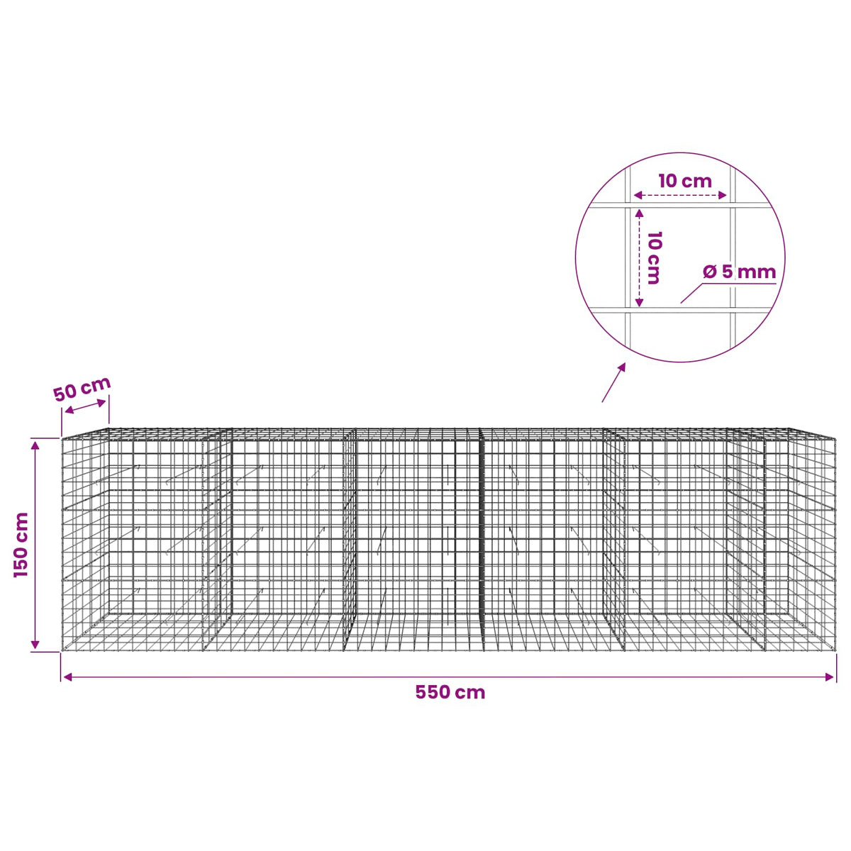 Γκαμπιόν με σύρμα 5 mm και πλέγμα 10x10 cm 550x50x150 εκ. - Pakobazaar