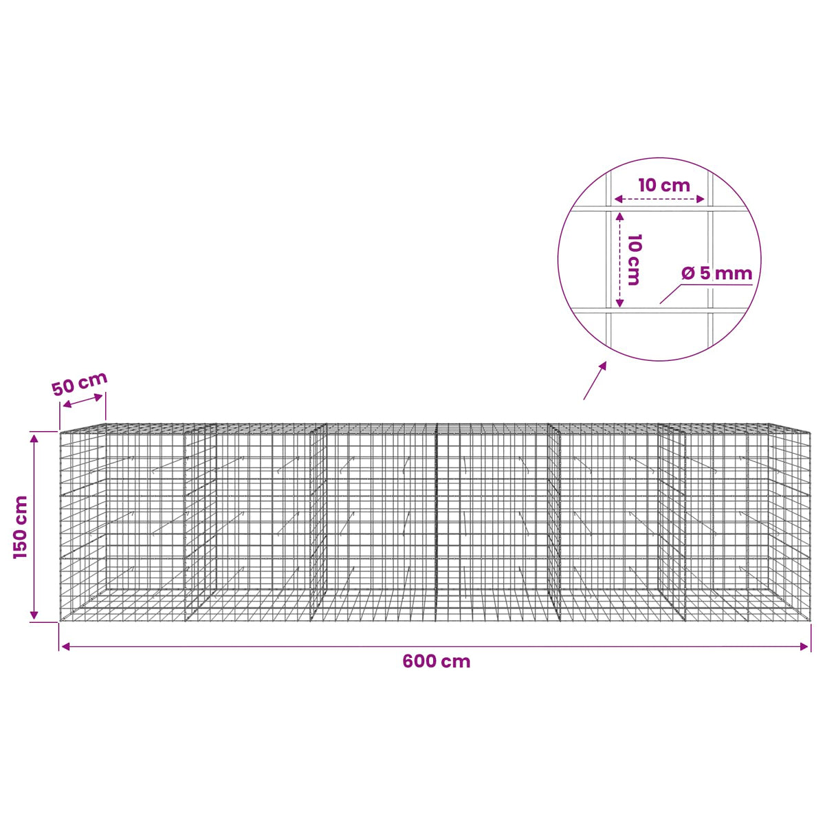 Γκαμπιόν με σύρμα 5 mm και πλέγμα 10x10 cm 600x50x150 εκ - Pakobazaar